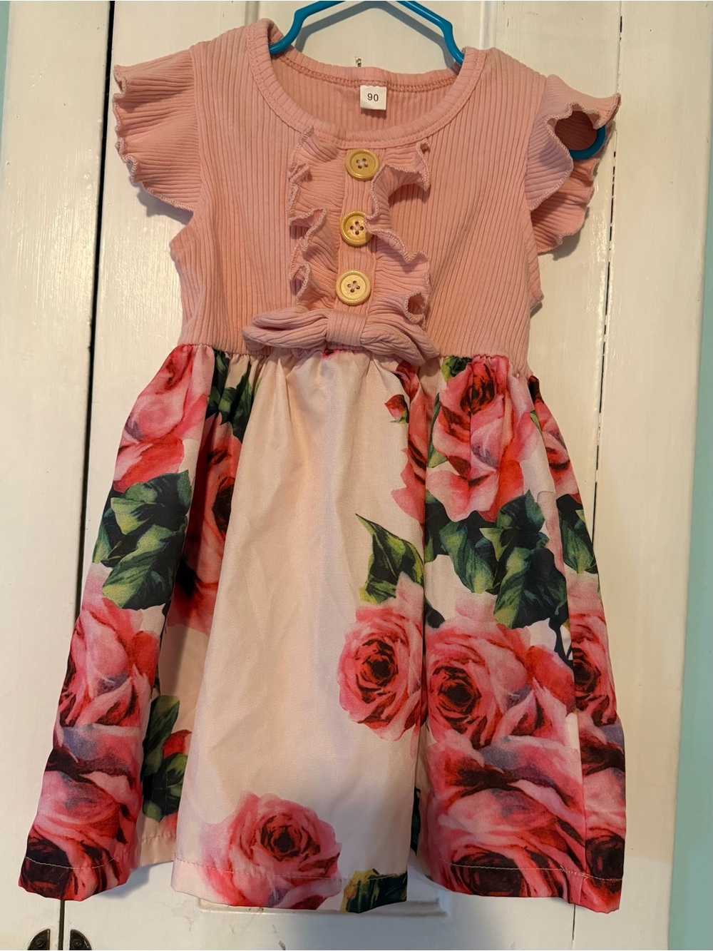 SHEIN Pink Ribbed Bodice Dress with Rose Print Skirt